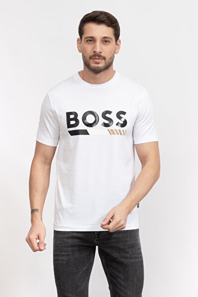BOSS Erkek Düz Beyaz Logo Baskılı Damgalı Beyaz T-Shirt 50495696-100