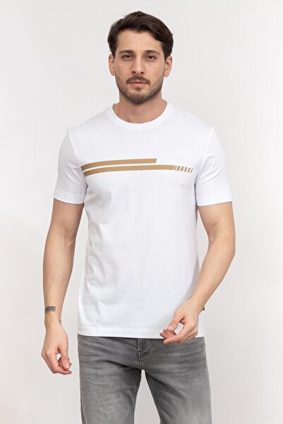 BOSS Erkek Düz Beyaz Logo Baskılı Beyaz T-Shirt 50495704-100