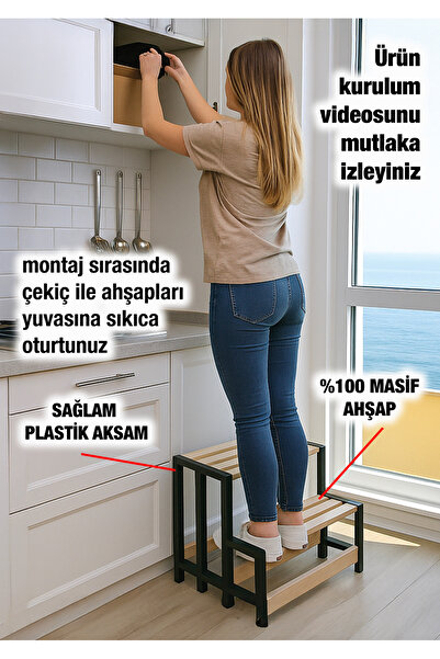 Nwood PAZARAZA NB-01 MASİF 2 KATLI AHŞAP BASAMAK 150 KG. KAPASİTE