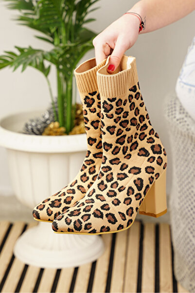 Allyup Γυναικείες μπότες Stretch Knitwear Leopard Print - Χονδρές ψηλοτάκουνες γόβες και μυτερές μύτες 167