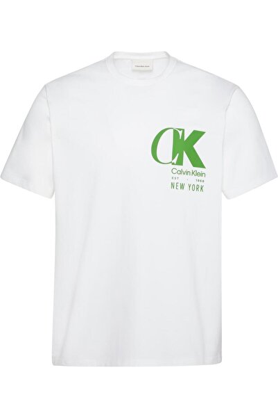 Calvin Klein Ss 20S Eu Ck Overlap Graphic Tee Erkek Bisiklet Yaka T-Shirt Beyaz