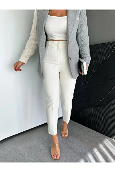 MADAME MELEK Zr Model Original Brand Fillet Detailed Fabric Pants Slim Leg Pants