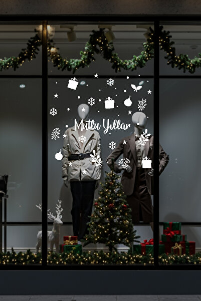 MIGNATIS Mutlu Yıllar Yazısı Kar Taneleri Yılbaşı Süsü Vitrin Stickerları - Yılbaşı Sticker, Cam Duvar Süsü