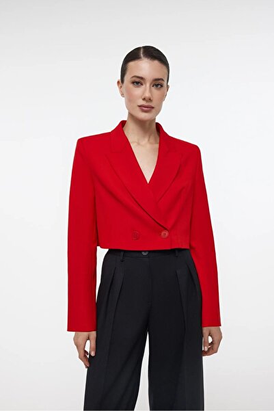 Saade Red Women's Regular Fit Double Breasted Woven Crop Blazer Jacket - Stylish & Sporty