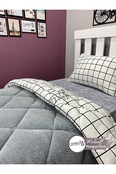 Çetinhome Single Reversible Welsoft Quilt with Pillow Case Soft Surface 155x215cm White Square