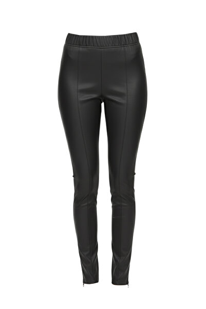 Deriderim Siyah Kadın Beli Lastikli Cepsiz Tayt Hakiki Streç Deri Pantolon
