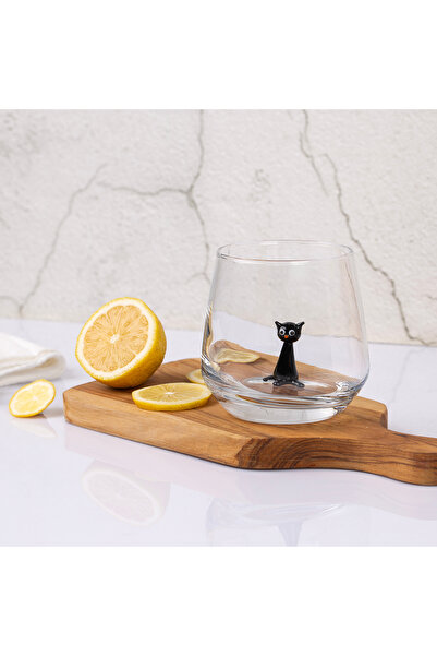 ADAMODART Siyah Oturan Kedi Cam Figürlü Su Bardağı