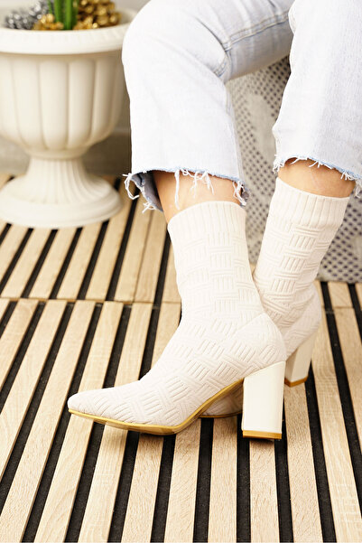 Nstil Μπεζ γυναικείες μπότες - ψηλό χοντρό τακούνι, πλεκτά εύκαμπτα μυτερά δάχτυλα, οδοντωτή σόλα άνετα μποτάκια 168