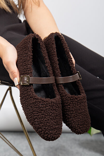 Jackers Kadın Lastik Kemerli Acı Kahve Esnek Kıvırcık Kumaş Düz Taban Ev Babeti