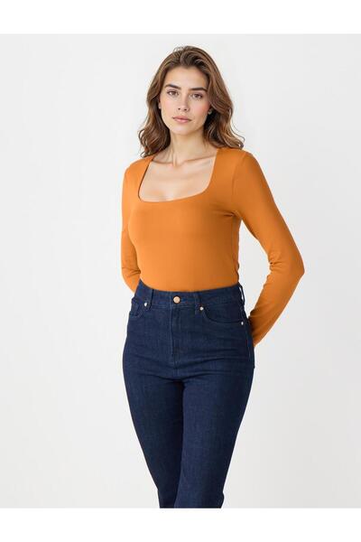 Jimmy Key Karamel Dar Kesim Uzun Kollu Kare Yaka Örme Bluz