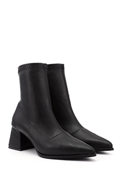 GÖNDERİ(R) Γυναικείες/Κορίτσια Μαύρες Stretch Μπότες με Μυτερό Χοντρό Τακούνι με Μαύρο Φερμουάρ