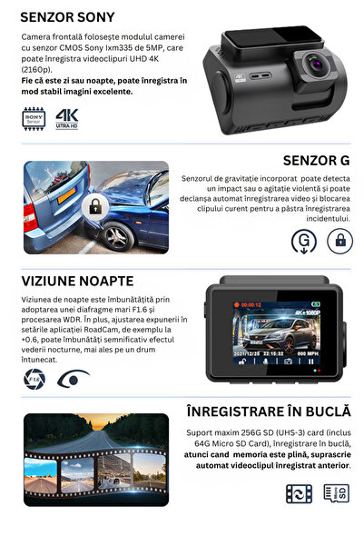Medeyatech Camera auto DVR 4k , Display IPS 3" HD, Unghi 170°, Stabilizator digital imagine,Bluetooth, Wi-Fi