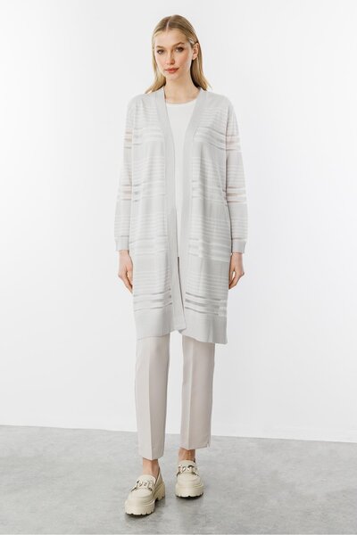 Butik Triko Mutlu Ertan Kadın Çizgili Simli Triko Hırka Gri - Ekru 20113