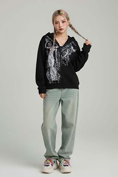 Karakedi Black Vintage Angel Affliction Cyber Grunge Y2K Hooded Unisex Cardigan