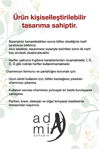 ada mia seramik Kişiselleştirilmiş Harf Charm Detaylı 24K Altın Dekorlu El Yapımı Seramik Kupa 200ml