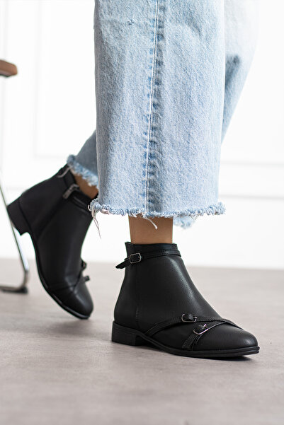 eformoda by emre yılmaz Siyah Siyah Kadın Tokalı Fermuarlı Rahat Bot Kaymaz Taban PTK013