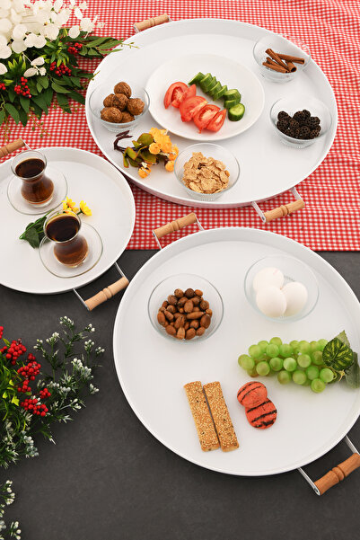 AKSESUAR EVRENİ London 3-Piece (51, 37, 31 cm) White Presentation Metal Serving Tray Set Breakfast Wooden Cup Treat Holder