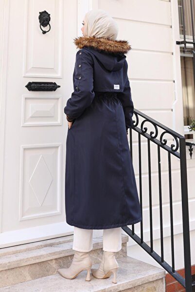 Modamihram Пальто з хутряним коміром і шнурівкою на талії, темно-синє 19269
