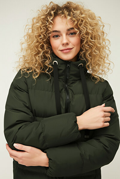 QAWWA Dámská zimní bunda Khaki s kapucí z vláken větruodolná