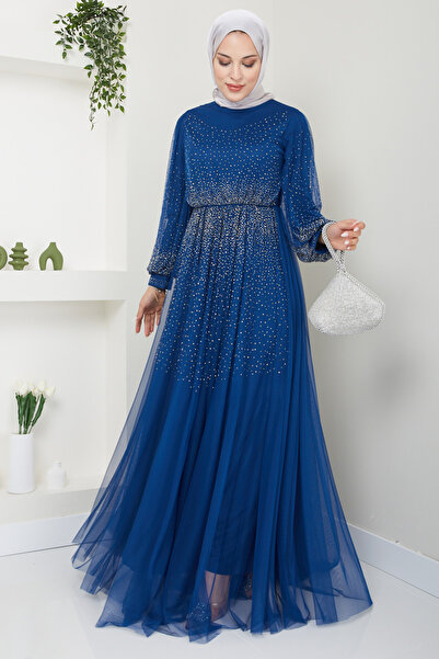 Feiza Collection Taş Detaylı Tüllü Tesettür Abiye Elbise - Indigo