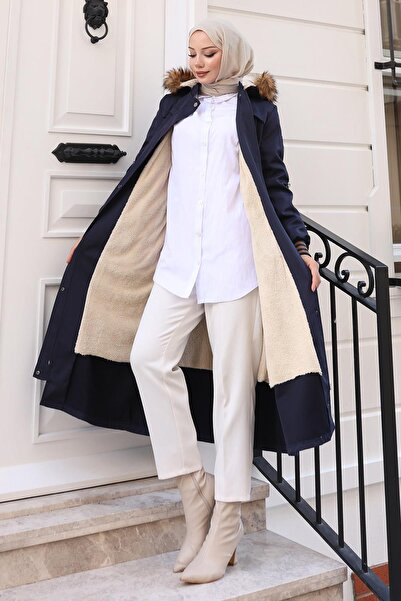 Modamihram Пальто з хутряним коміром і шнурівкою на талії, темно-синє 19269