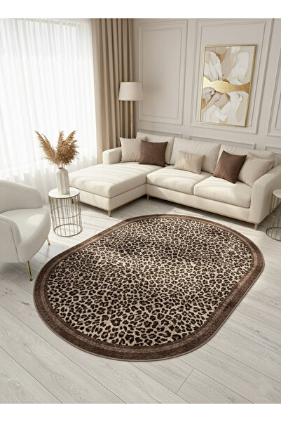 Brillant Leopar Desenli Oval Lateks Deri Halı