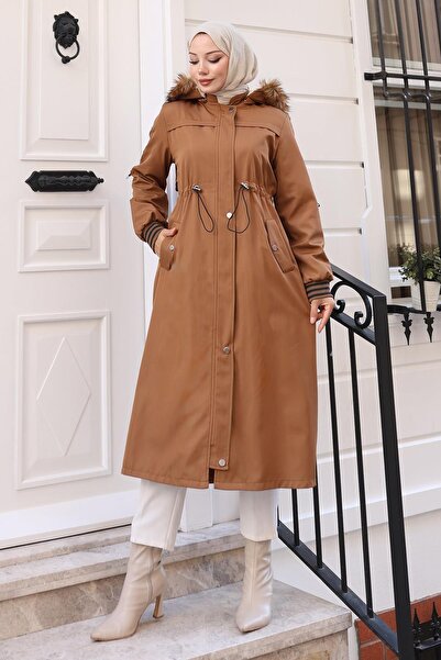 Modamihram Kürk Yakalı Beli Bağcıklı Mont Taba 19269