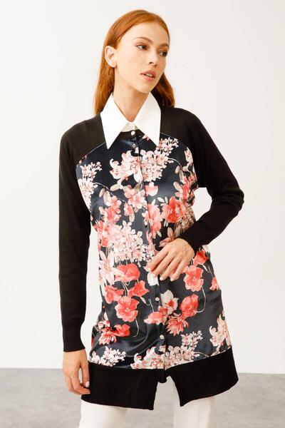 Butik Triko Mutlu ertan women's floral print knit cardigan set - black & pink 2958