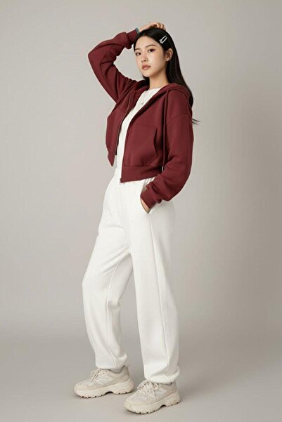 Karakedi Crop top burgundy Cardigan crop cu glugă din țesătură groasă