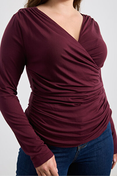 LUOKK FORMAN V Yaka Uzun Kollu Drapeli Büyük Beden Bluz Bordo