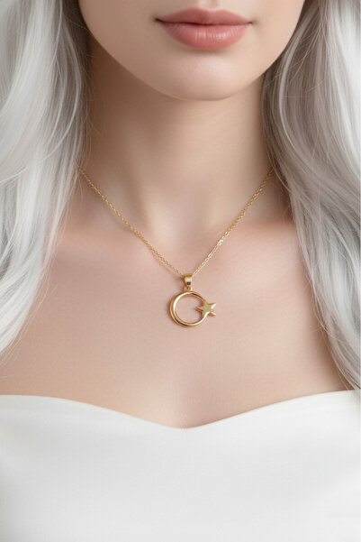 özgül takı ve tasarım Paslanmaz Çelik Altın Renk Ay Yıldız Kadın Kolye