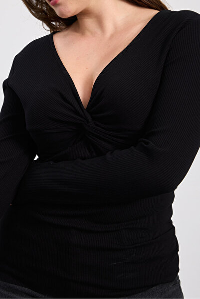 LUOKK INES V Yaka Düğüm Detaylı Uzun Kollu Büyük Beden Bluz Siyah