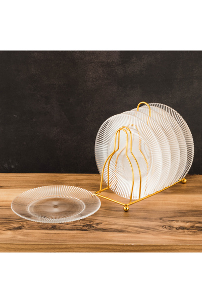 Dania Glass dessert plate set with metal stand, 6 pieces, plate size 15 cm