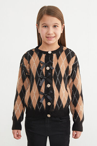 Fulla Moda Baklava Desenli Fiyonklu Düğmeli Kız Çocuk Hırka