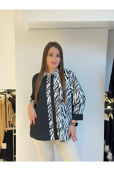 DE WHITES Plus Size Shirt Collar and Sleeve Printed Patterned Brooch Bluz