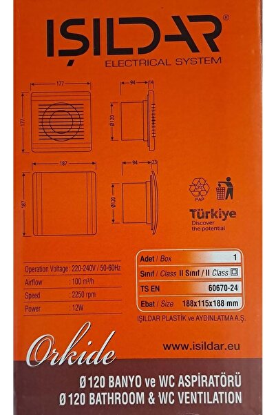 Leva House IŞILDAR (ORKİDE ) HAVALANDIRMA FANI / BANYO VE TUVALET ASPİRATÖRÜ 120 LİK