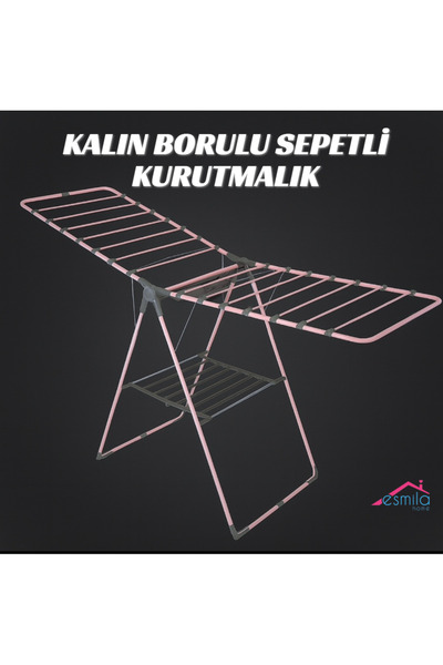 ESMİLA Pembe Kalın Borulu Sepetli Kurutmalık Çamaşır Askısı 230924