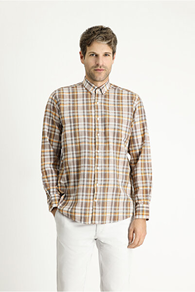 Kiğılı Καρό μοτίβο μακρυμάνικο βαμβακερό αθλητικό πουκάμισο - κανονική εφαρμογή