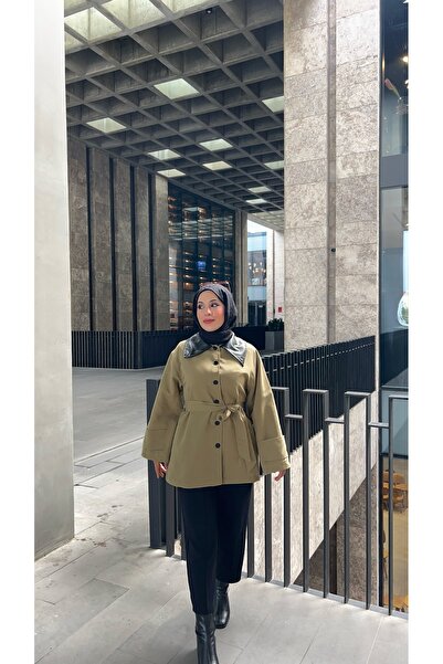 Niessa Butik Deri Yakalı Torino Kumaş Düğme Detaylı Trençkot