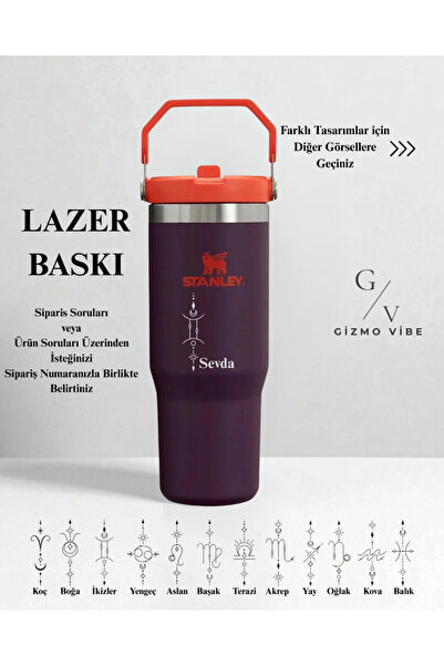 Stanley Kişiselleştirilmiş The IceFlow Flip Straw Pipetli Termos Bardak 0.89 LT İsim Baskılı Mor Turuncu