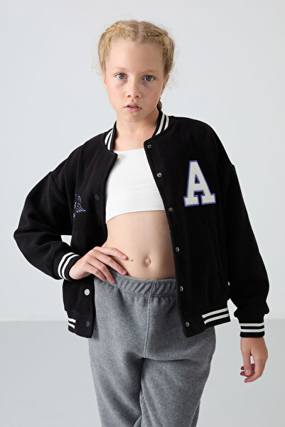 TOMMY LIFE Siyah Kalın Yumuşak Dokulu Standart Fit Nakışlı Polar Kız Çocuk Kolej Ceket - 75156