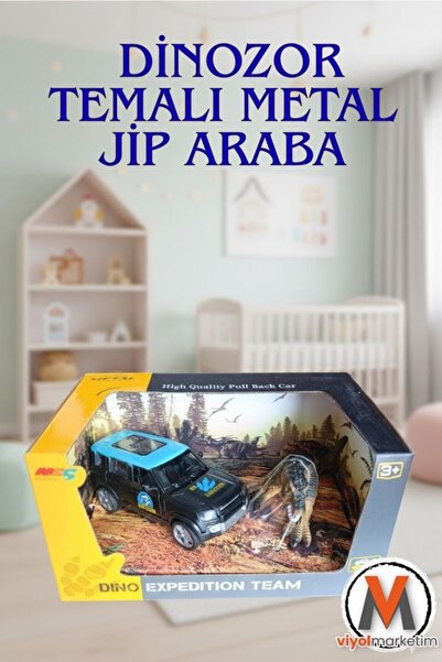 viyolmarketim Dinozor Oyuncaklı Çek Bırak Mavi Metal Jip Araba – Kutulu, Daya...