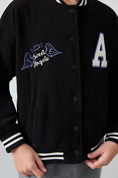 TOMMY LIFE Siyah Kalın Yumuşak Dokulu Standart Fit Nakışlı Polar Kız Çocuk Kolej Ceket - 75156