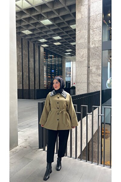 Niessa Butik Deri Yakalı Torino Kumaş Düğme Detaylı Trençkot