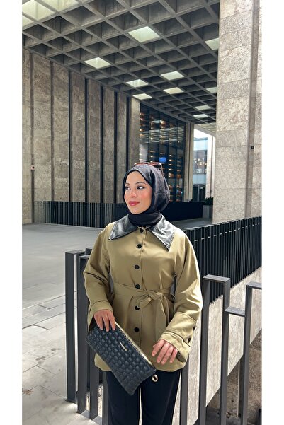 Niessa Butik Deri Yakalı Torino Kumaş Düğme Detaylı Trençkot