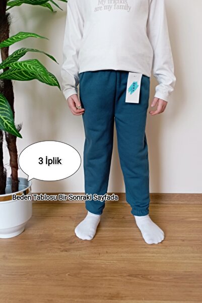 VİP BERA TEKSTİL Çocuk Petrol Mavisi Şardonlu Kışlık 3 Iplik Paçası Lastikli Eşofman Altı