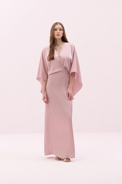 Roman V Yaka Pelerin Detaylı Maksi Boy Saten Elbise Pudra Y2511320_055