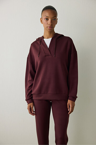 Penti Bordo Silky Feel V Yaka Oversize Kapüşonlu Sweatshirt