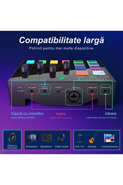 TONOR RGB Audio Mixer with Preamplifier, 6.5mm & XLR Inputs, 11 RGB Effects, 6 Voice Modes