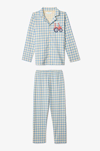 Penti Bej Erkek Çocuk Ekoseli Düğmeli Gömlekli Pamuklu Pijama Takımı